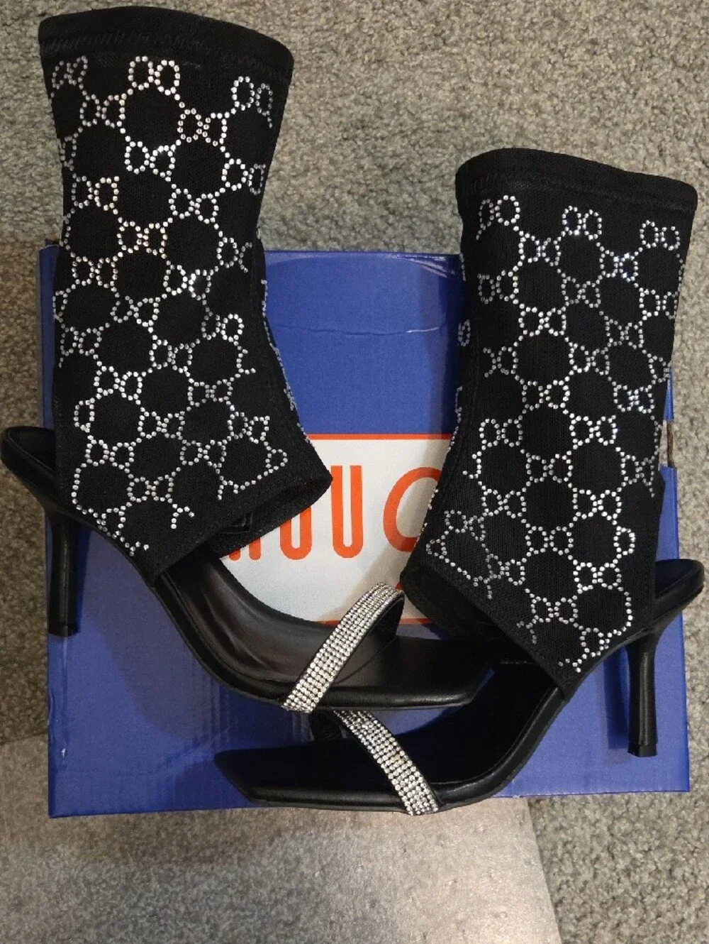 Rouge Black Crystal-Pattern Open Toe Bootie Stiletto Sandals Sz 6.5 NIB